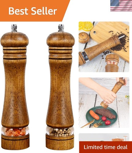 Refillable 8-Inch Salt and Pepper Mills Set - Natural Oak with Adjustable Grind