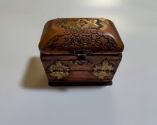 Antique Hand Carved Wooden Jewelry Casket W/ Brass Inlays Signed "Mereil" 