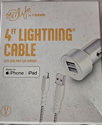 24/7 LIFE  4'' LIGHTENING TO USB Br. Mesh Charging Cable w/ Dual Port Car Charger