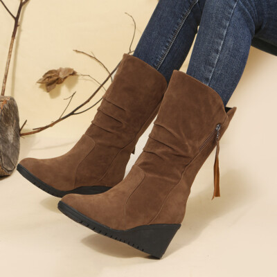 Mid Calf Dark Brown Wedge Booties Women's Comfort Mid Calf Short