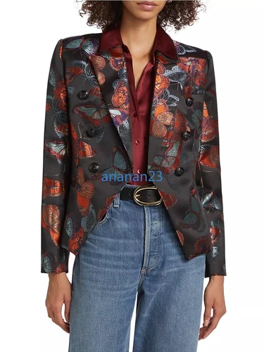 Damen L'AGENCE Jacquard Schmetterling Zweireiher Blazer Jacke Mantel Schwarz Multi - Bild 5 von 16