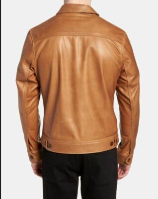 Men Tan Color Leather Jacket. Mens Genuine Sheep zipper Fashion