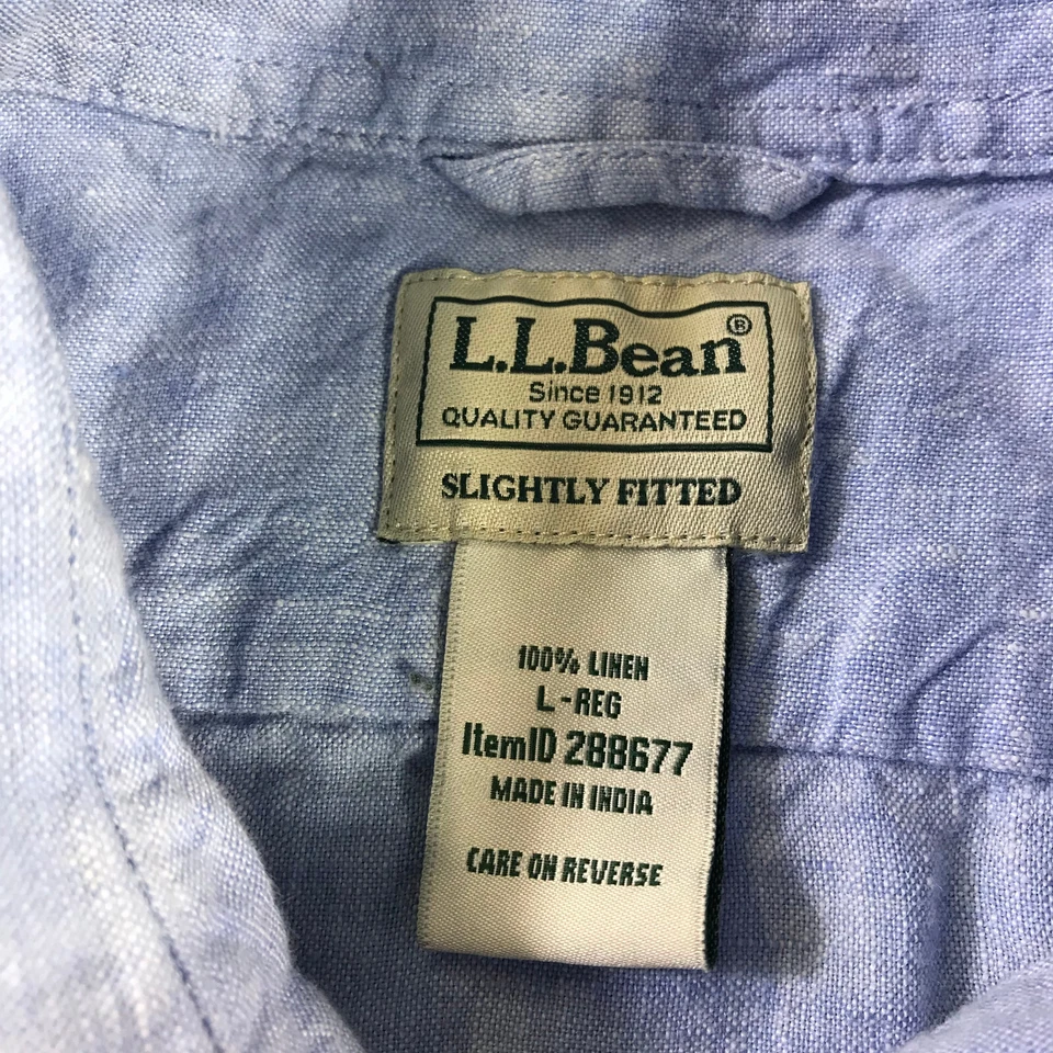 LL Bean Shirt Mens Large Button Up Linen Slightly Fitted Blue Hawaiian Camp - Image 3 of 4