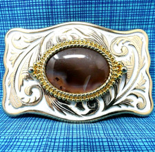 Classic Western Belt Buckle Brown White Agate Cowgirl Cowboy Vtg 80s   .CPA113