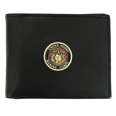 Licensed US Marine Crops Medallion Genuine Leather Wallet - Bifold Black