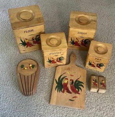 Vintage Wood Canister Set Salt Pep Knife Hold Cut Board Japan Hand Paint Rooster