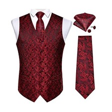 Mens Vest and Tie Set Formal Paisley Waistcoat and Necktie Large Red and Black