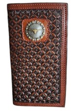 Western Ranger Leather Snowflake Basket Weaved Tooled Rodeo Wallet Longhorn