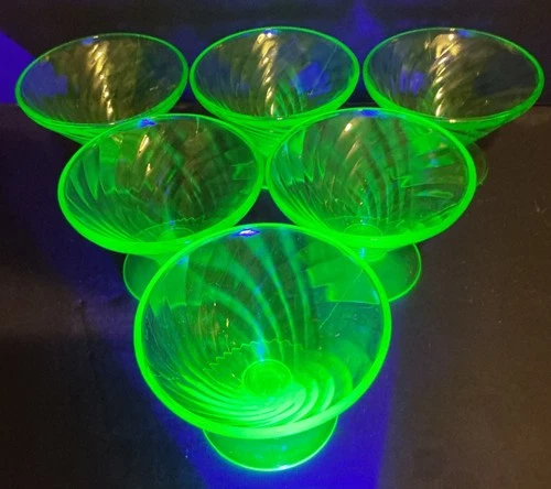 Federal Uranium Glass Diana Swirl Sherbet Dishes, Set of 6 Vintage 1930s