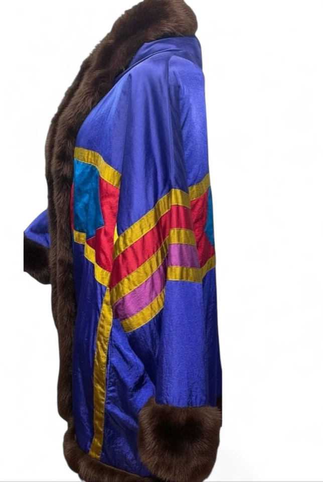 VTG Ann Tjian Kenar REVERSIBLE HEAVY COAT JACKET Satin Colorblock BROWN FUR sz M - Image 4 of 4