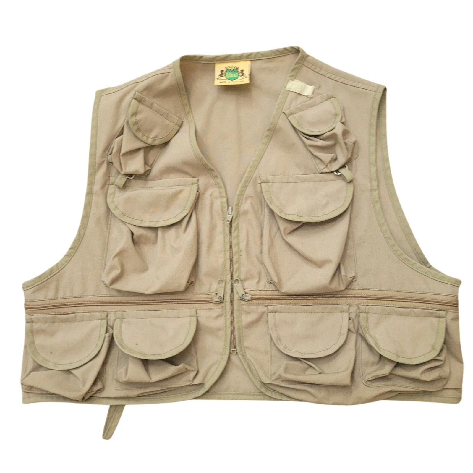 Ideal Vintage Fishing Vest Tan Multi-Pocket Utility USA Mens L