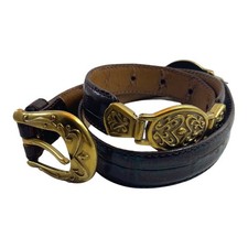 Vintage Fossil Brown Croc Embossed Medium Leather Belt Ornate Gold Western Boho