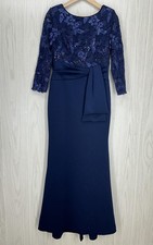 Eliza J Dress Womens 6 Navy Lace Sequin 3/4 Sleeve Maxi Formal Evening Gown