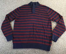 Tommy Hilfiger Sweater Men XL Red Blue Striped Ribbed Snap Mock Neck Long Sleeve
