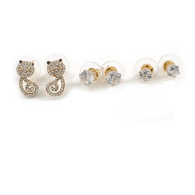 3 Pair Set of Kitty/5mm/6mm Round Crystal Stud Earrings in Gold Tone