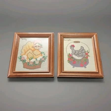 Vintage Pair Of Handmade Cross Stitched Framed Chickens Farmhouse Needlepoint