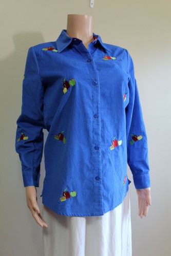 Quacker Factory Shirt Womens XS Runs M Blue Corduroy Apple Embroidery L/S Twee