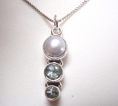 Small Faceted Blue Topaz Cultured Pearl Triple Gem 925 Sterling Silver Pendant