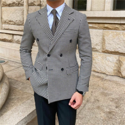 Men's Houndstooth Slim Fit Suit Jacket - Double Breasted Casual Blazer For Parties & Work