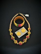 TROPICAL Necklace SET Earrings Bangle Yellow Pink Red Wooden NEW -FREE SHIPPING