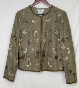 Beige Floral Silk Beaded & Sequin Evening Jacket Topper Size 6 Adrianna Papell 