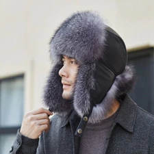Men's Real Fox Fur Hat Russian Ushanka Cossack Trapper Hat Real Leather Cap