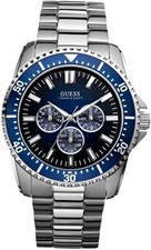 NEW GUESS POLISHED SILVER TONE,BLUE DIAL,MULTIFUNCTION BRACELET WATCH U12618G2
