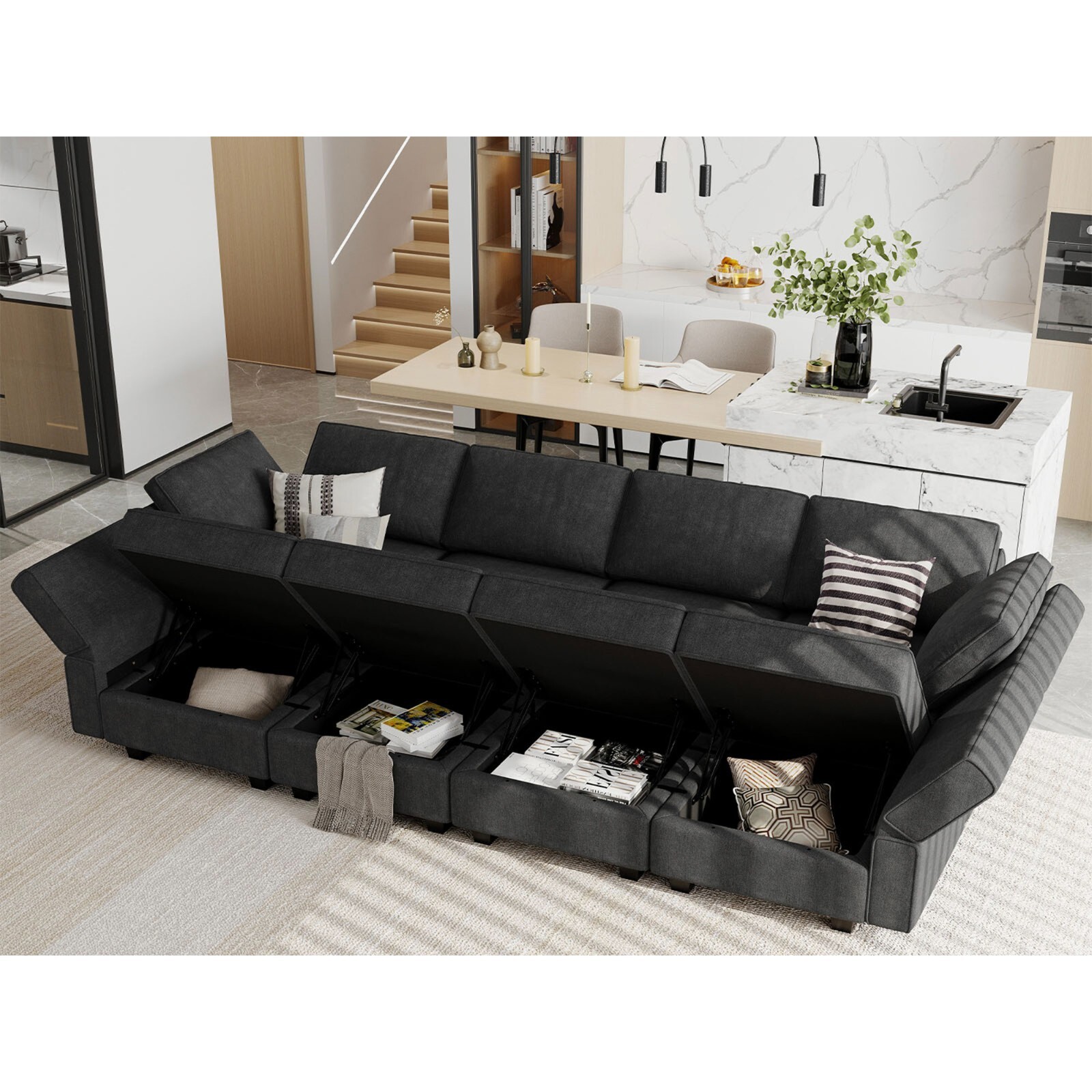 Blended Fabric Black Sectional Modular Sofa Bed Foldable Storage Couch