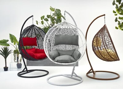 MAT COMPANY Luxus Hängesessel Schaukel, Korb und Polyrattan mit Gestell Sitzkissen groß