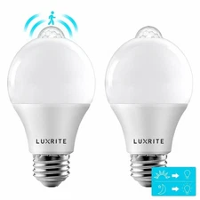 Luxrite A19 LED Motion Sensor Light Bulb Dusk to Dawn 5000K Bright White 2-Pack