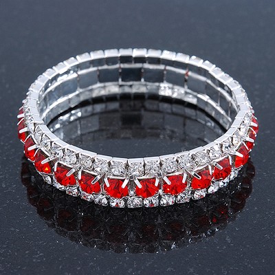 Bright Red/Clear Swarovski Crystal Flex Bracelet (Silver Tone Metal) - 18cm