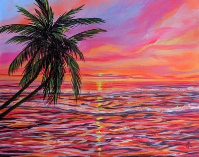 Tropical Beach. Original Painting On Canvas. Coastline Landscape. Ocean Sunset 