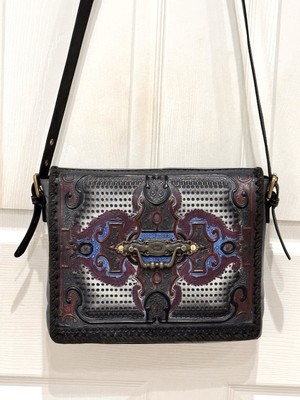 Firenze Bella Felixa Tooled Hand-painted Leather Flap Over Crossbody Black Multi