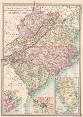 SOUTHEASTERN USA. VA WV North/South Carolina FL. Richmond Charleston 1890 Karte