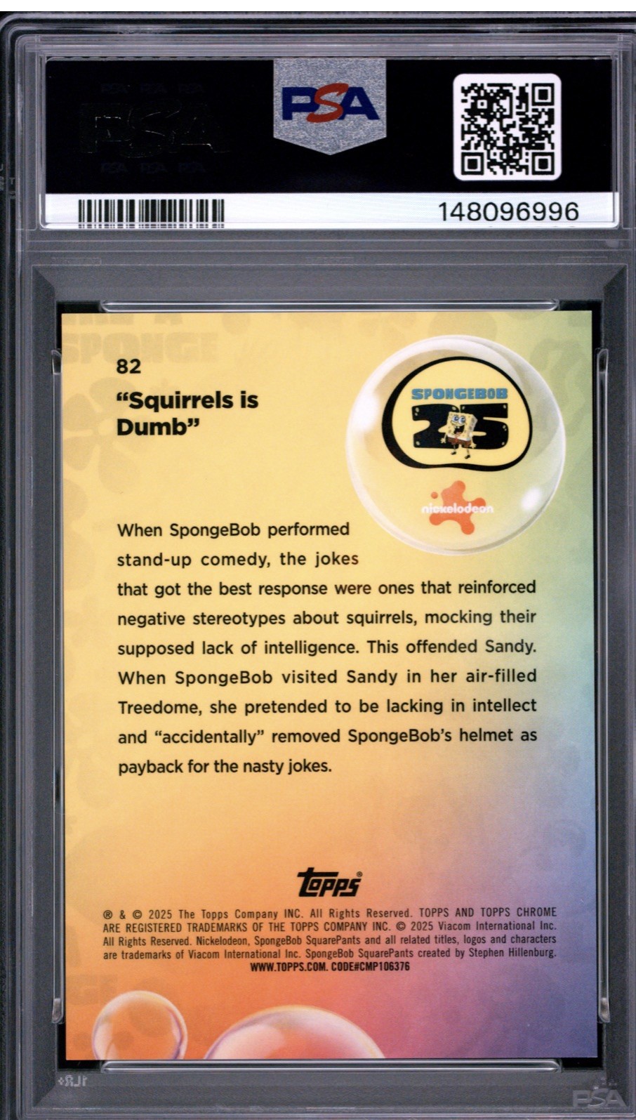 Topps 2025 SpongeBob Sapphire Gold "Squirrels is Dumb" #82 PSA 9 Card view 2
