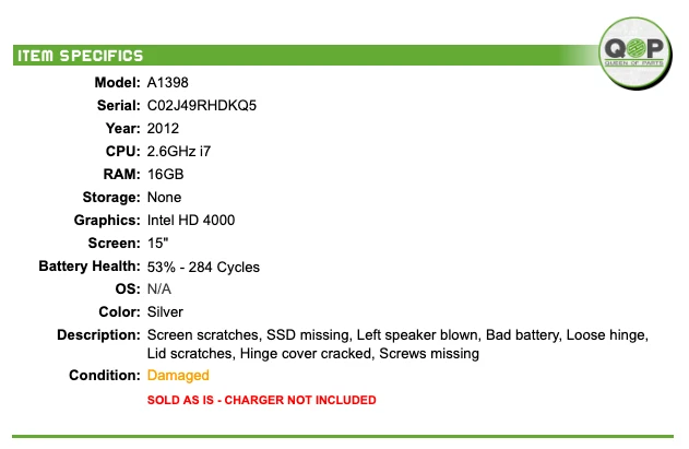 MacBook Pro A1398 2012 - 15", 2,6 GHz i7, 16 GB de RAM, sin SSD Foto 2 de 4