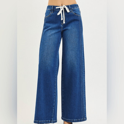 RISEN Mid Rise Wide Side Pintuck Denim Jeans Flat Front Drawstring  Size 7