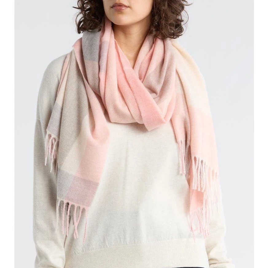 Pink and Grey Plaid Oversized Blanket Scarf with Fringe Tassels 76 Inch Length