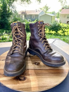 Vintage Justin 761 Leather Lace Up Mens Size 7.5D Made In USA Work Boots Justin Lace up Mens Leather Work boots SZ 7.5 D Brown Fringe  main image 2