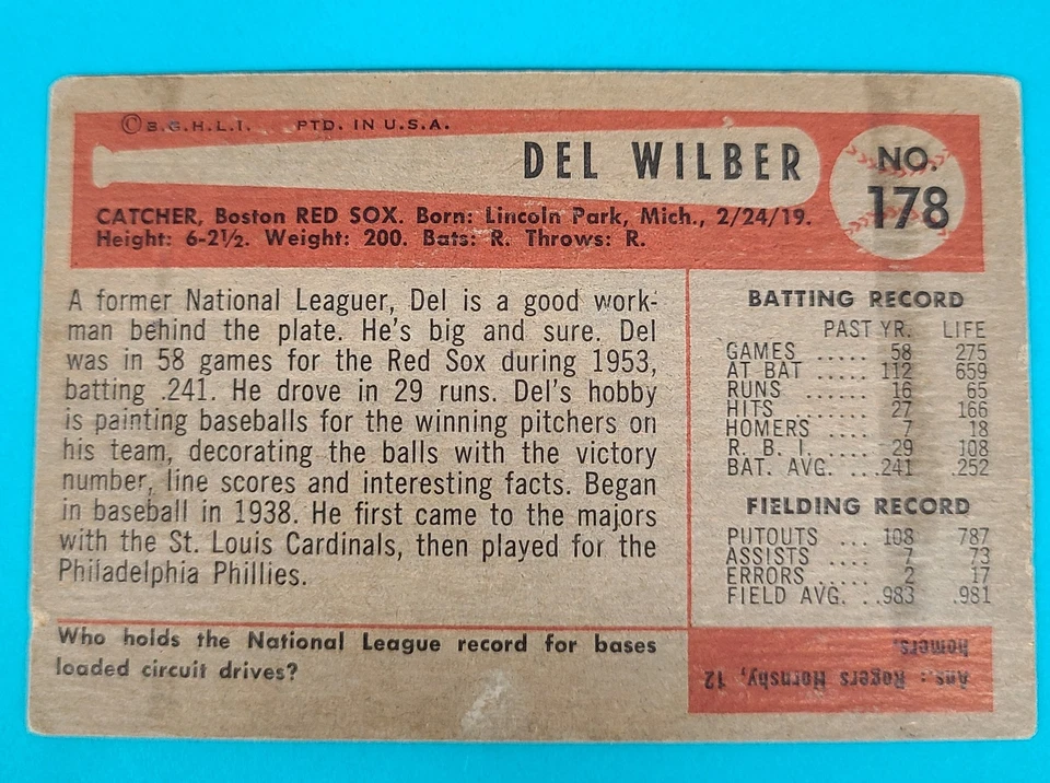 1954 Bowman #178 Del Wilber Boston Red Sox BASEBALL Card W9 - Image 2 of 2