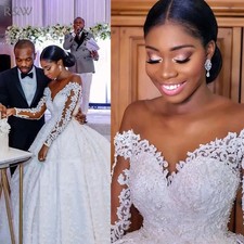 New Long Sleeved Ball Wedding Dress Illusion Lace Bead Lace Wedding Dress Bridal