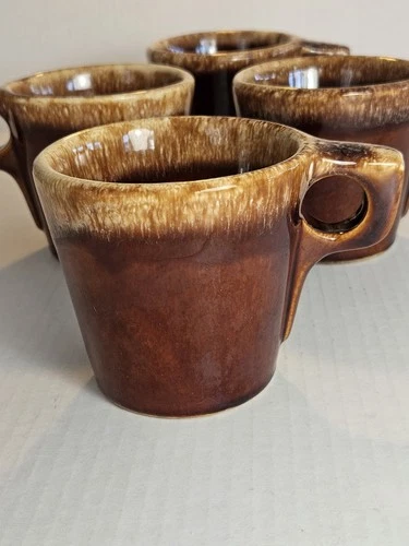 Set/4 Vintage Hull Pottery "Brown Drip" Glaze 'O' Handled 8oz Coffee Mugs USA