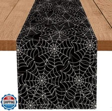 Halloween Table Runner Spider Web Black Linen Table Runners for Seasonal Holi