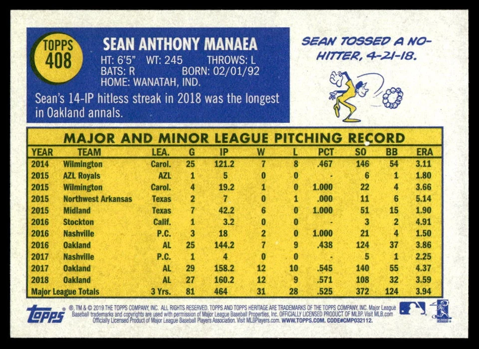 2019 Topps Heritage Sean Manaea #408 Short Print Oakland Athletics SP - Image 2 of 2