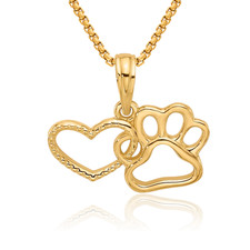 14K Solid Yellow Gold Heart Paw Print Pet Necklace