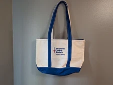 LL Bean Boat & Tote 16x12 Navy Blue Trim Zipper Top Bag Long Handle Embroidered