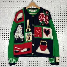 Eagle's Eye Cardigan Sweater Large Grandma 90s Glam Fashion Hand Knit Fancy Vtg