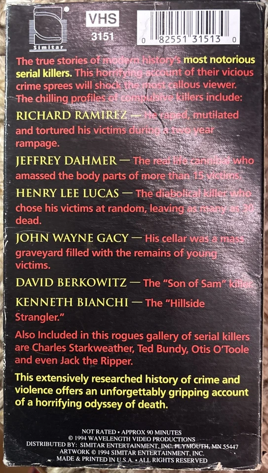 Serial Killers 2 Tape VHS Documentary Simitar Entertainment Dahmer Ramirez Gacy - Image 3 of 4