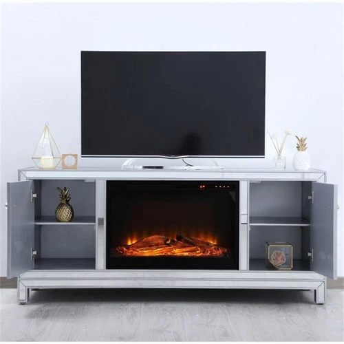 Elegant Decor Modern 60" Mirrored Faux Log Fireplace TV Stand in Antique Silver - Picture 7 of 10
