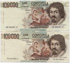 Italy * 2 x 100.000 Lire CENTOMILA BANKNOTES 1983  * Caravaggio Very Fine!!!